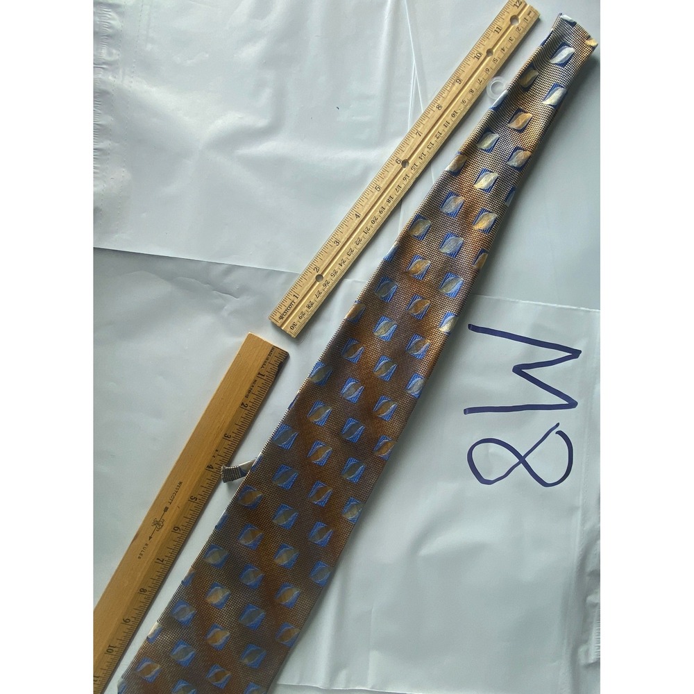 Mens Silk Tie Brown Blue Geometric Pattern Classic Necktie